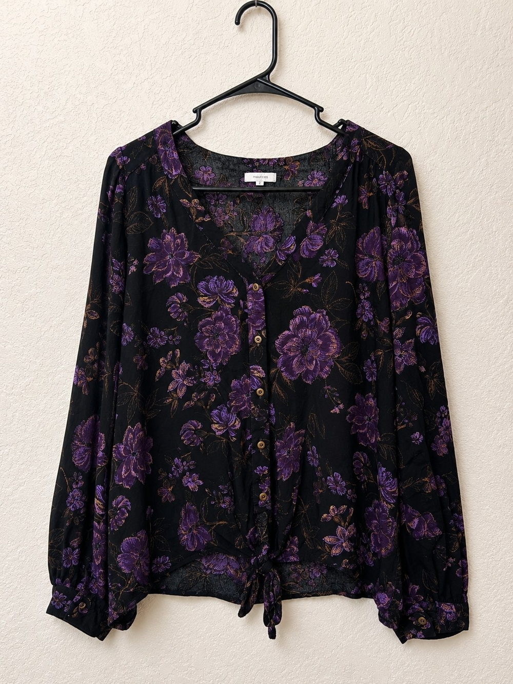 Maurices Black Button-Front Top with Purple Floral Print